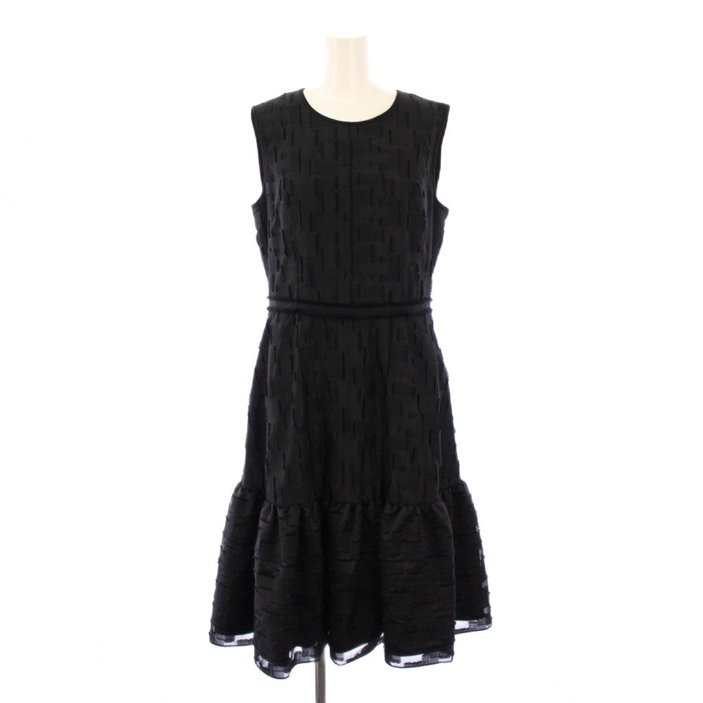 フォクシー FOXEY フ ワンピース ミモレ ロング ノースリーブ クルーネック 総柄 ワンカラー 40 黒 ブラック |BB