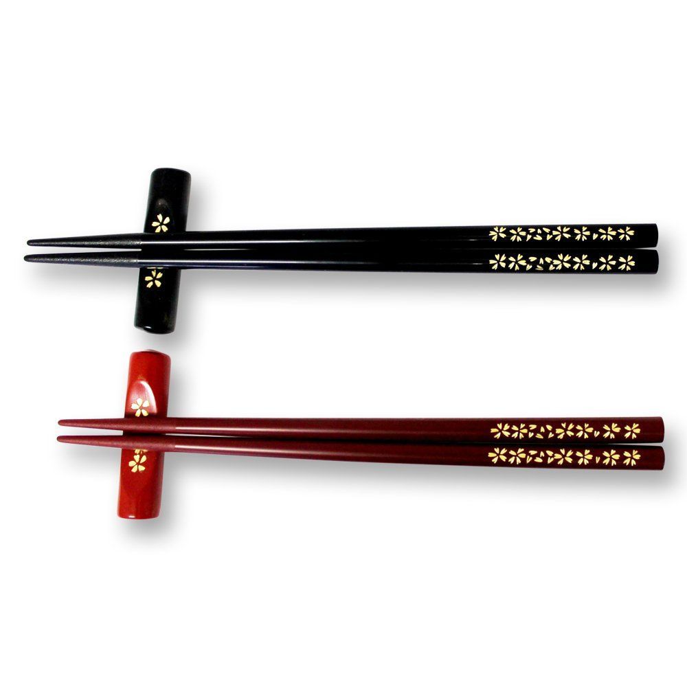 輪島塗 夫婦箸 箸置付 黒 朱 桜沈金 WA9-1