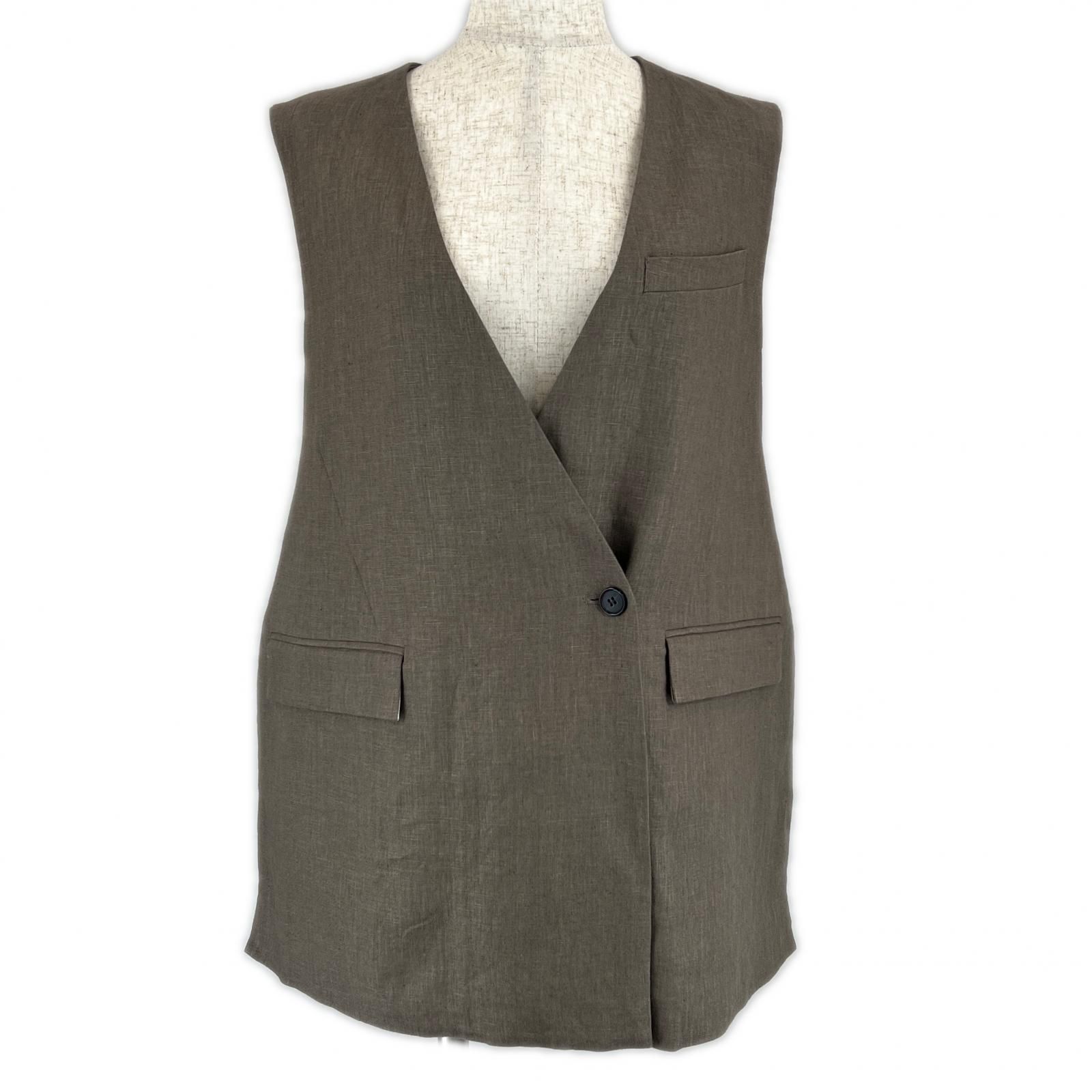 ▲1er Arrondissement プルミエ アロンディスモン リネン100％ リネンツイルノーカラージレ ベスト ブラウン 36 正規品 レディース