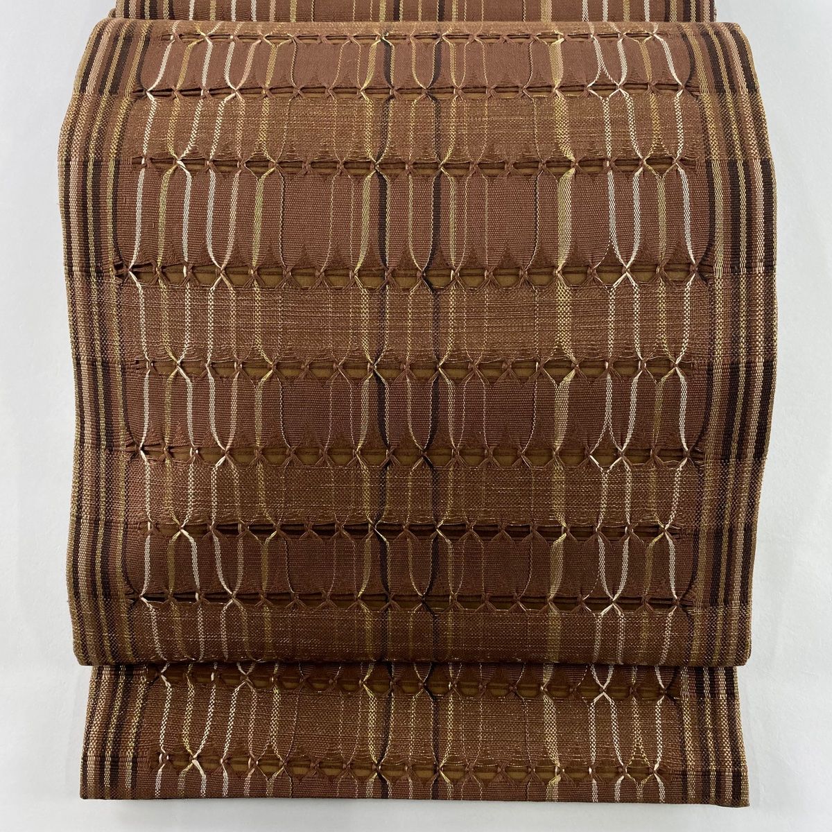 袋帯 秀品 幾何学 金糸 茶色 全通 正絹