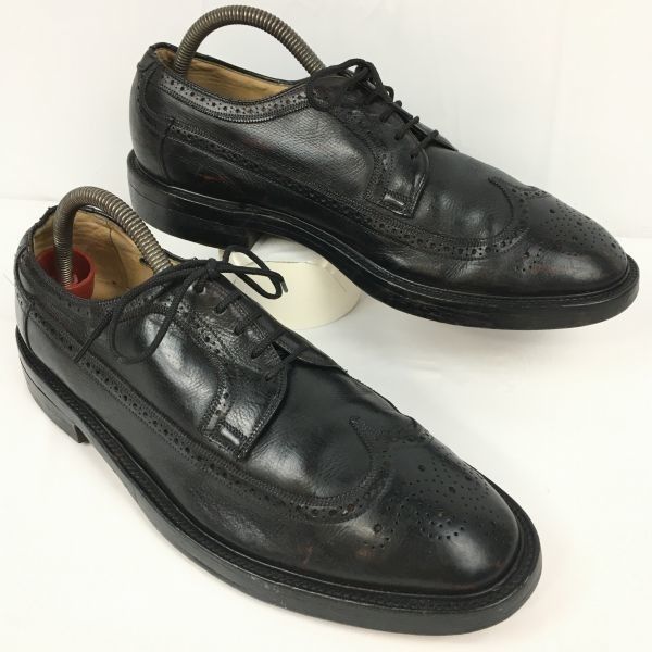 80s以前?Vintage タグ NUNN BUSH|ナンブッシュ ロングウイングチップ アメリカンブローグ 黒|BLACK 9.5E|27.0-27.5程度|メンズ 菅NO.WZA-430<sale>