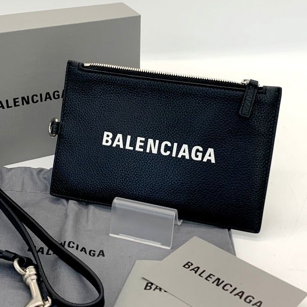 BALENCIAGA カードケース 616015 1090 T584046 パスケース ロゴ レザー 革 ストラップ付き メンズ ブラック バレンシアガ 小物 DF15691