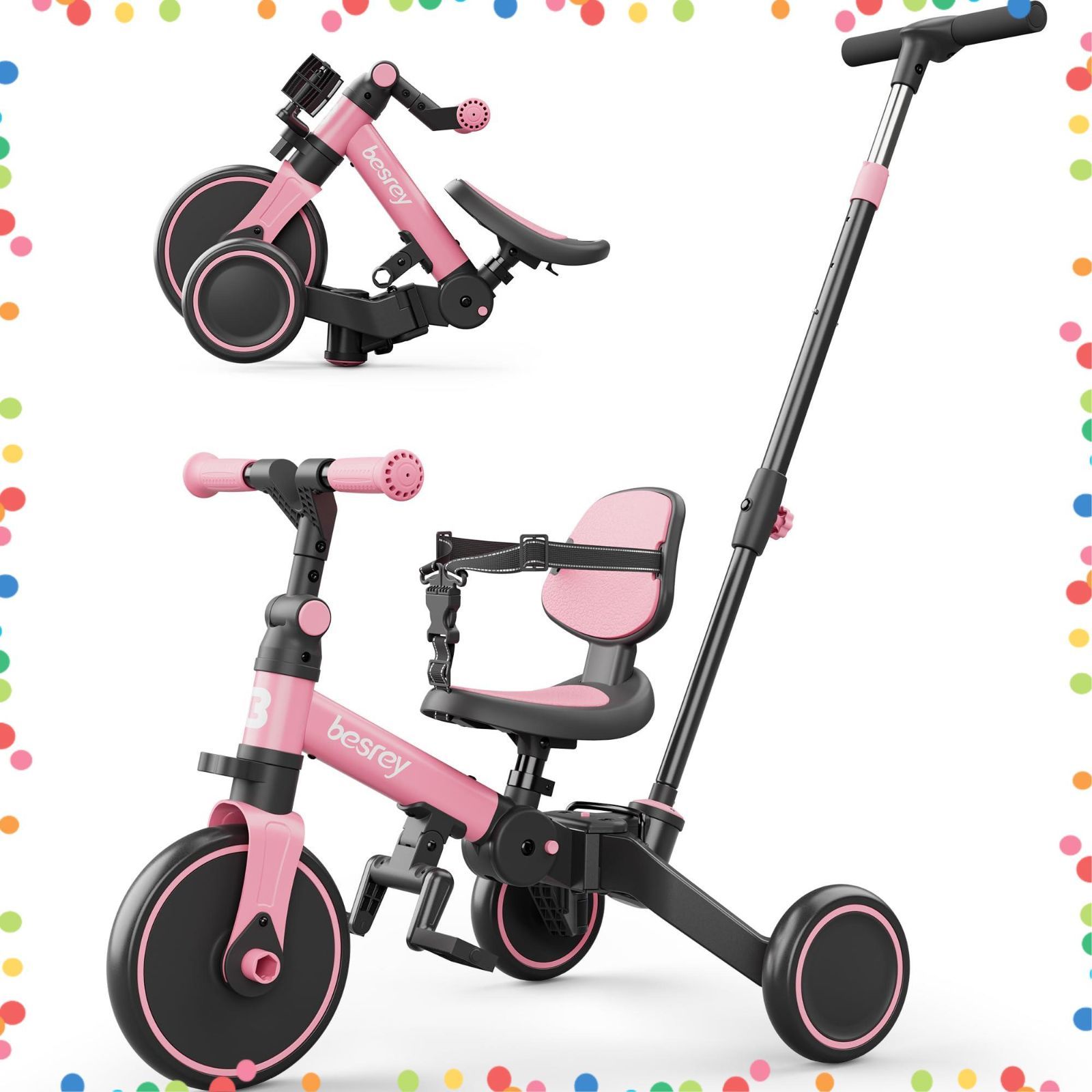 在庫 ピンク ギフト プレゼント キッズバイク 幼児用 乗用玩具 自転車 ランニングバイク 3歳 2歳 1歳 5in1 手押し棒 かじとり 折りたたみ 子供用三輪車 三輪車 besrey