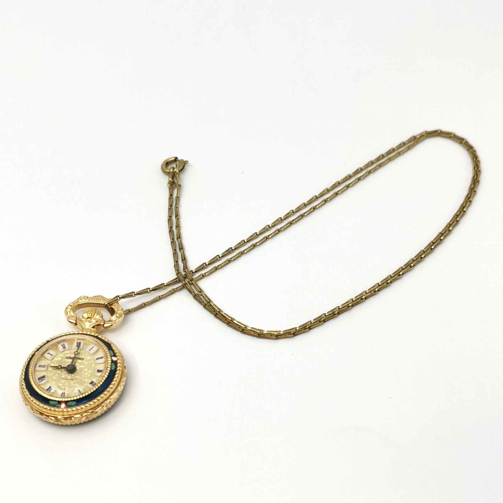 デモ demo アンティーク 懐中時計 手巻き ペンダントウォッチ 不動品 文字盤ゴールド ヴィンテージ ネックレスチェーン付き 管理番号KKVHAKO64