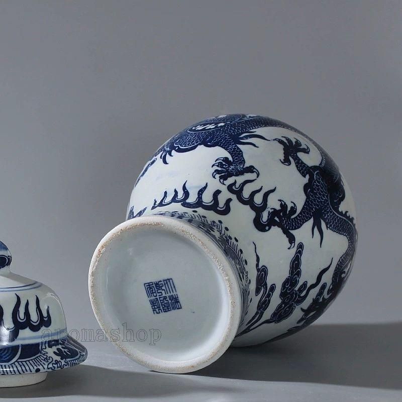 清乾隆青花竜紋将軍缶 景徳鎮 陶磁器 装飾品 現代工芸品