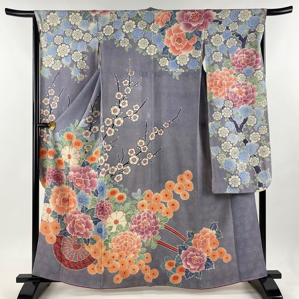 振袖 身丈159.5cm 裄丈66cm M 袷 花車 牡丹 灰紫 正絹 名品