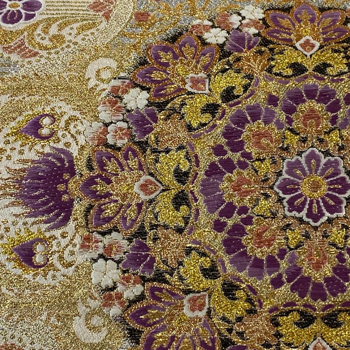 袋帯 逸品 じゅらく 落款 帝王紫 華文 花唐草 箔 金色 六通 正絹