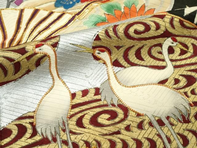平和屋本店□極上 アンティーク 大正ロマン 振袖 駒刺繍 扇面