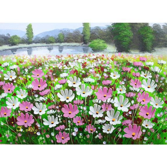 ☆高橋英生☆「コスモス」油絵 F3号 未使用額！ コスモス 絵画買取