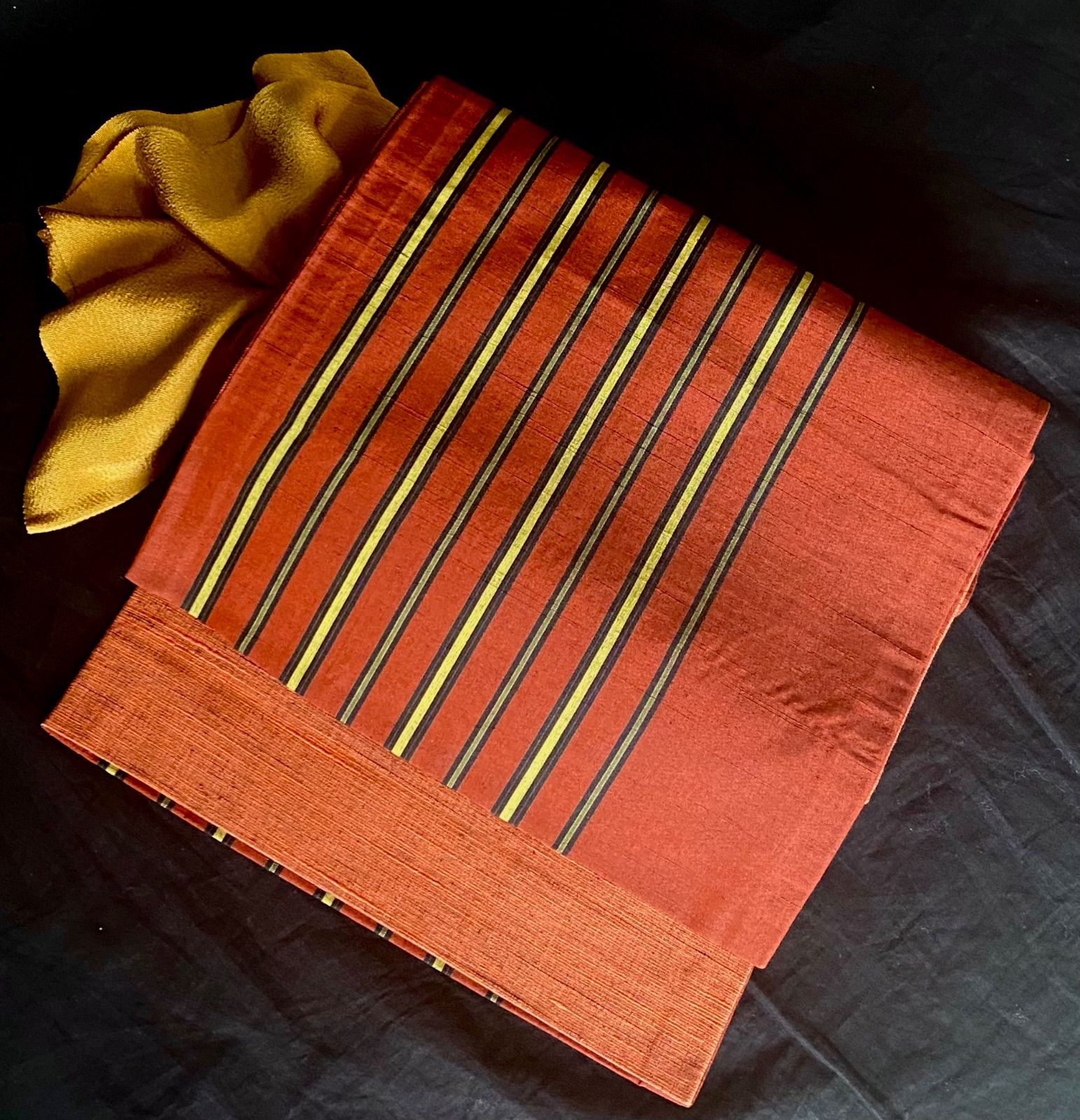 ⁡ 〈赤茶に縞紬の袋帯〉SALE トール　リバーシブル　全通　縞の帯　軽い　手織り　普段使い