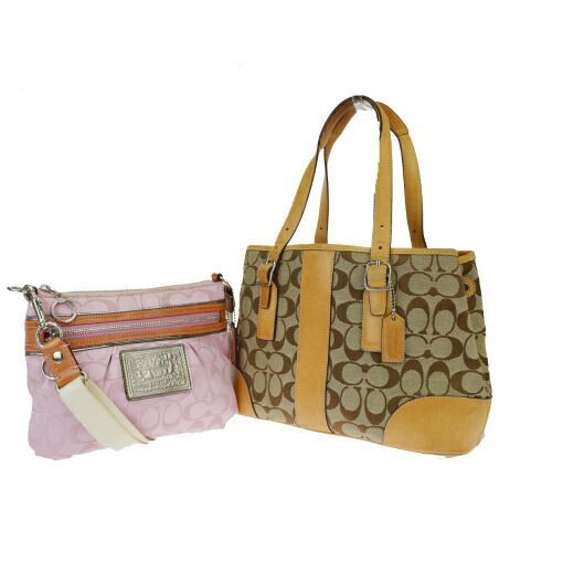 【中古】 コーチ(Coach) シグネチャー 2点セット ポピー キャンバス，レザー ショルダーバッグ ピンク 06GA336