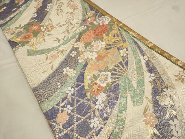 平和屋着物▽佐賀錦 六通柄袋帯 扇面花文 金銀糸 正絹 逸品