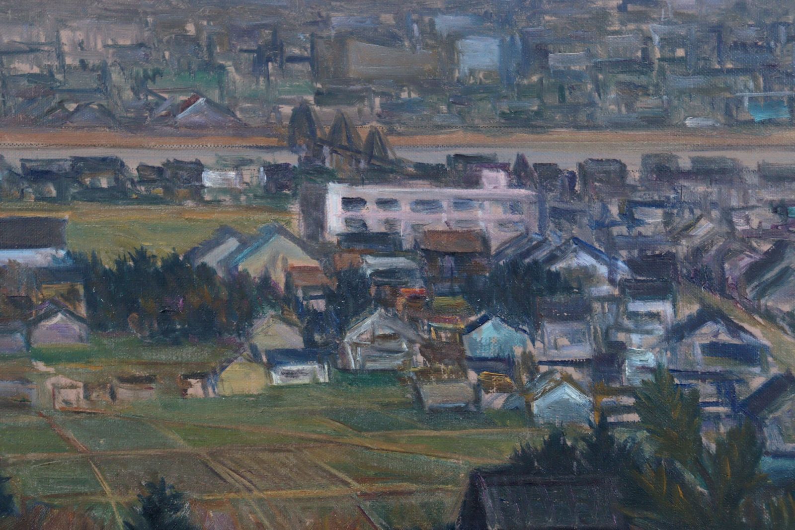 島崎力松作「呉羽山より夕映えの立山連峯を望む」 肉筆油彩20号 山 楾