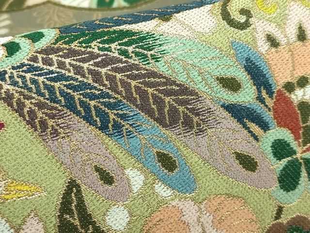 平和屋着物□極上 西陣 白綾苑大庭 六通柄袋帯 孔雀更紗花文 金糸 逸品  