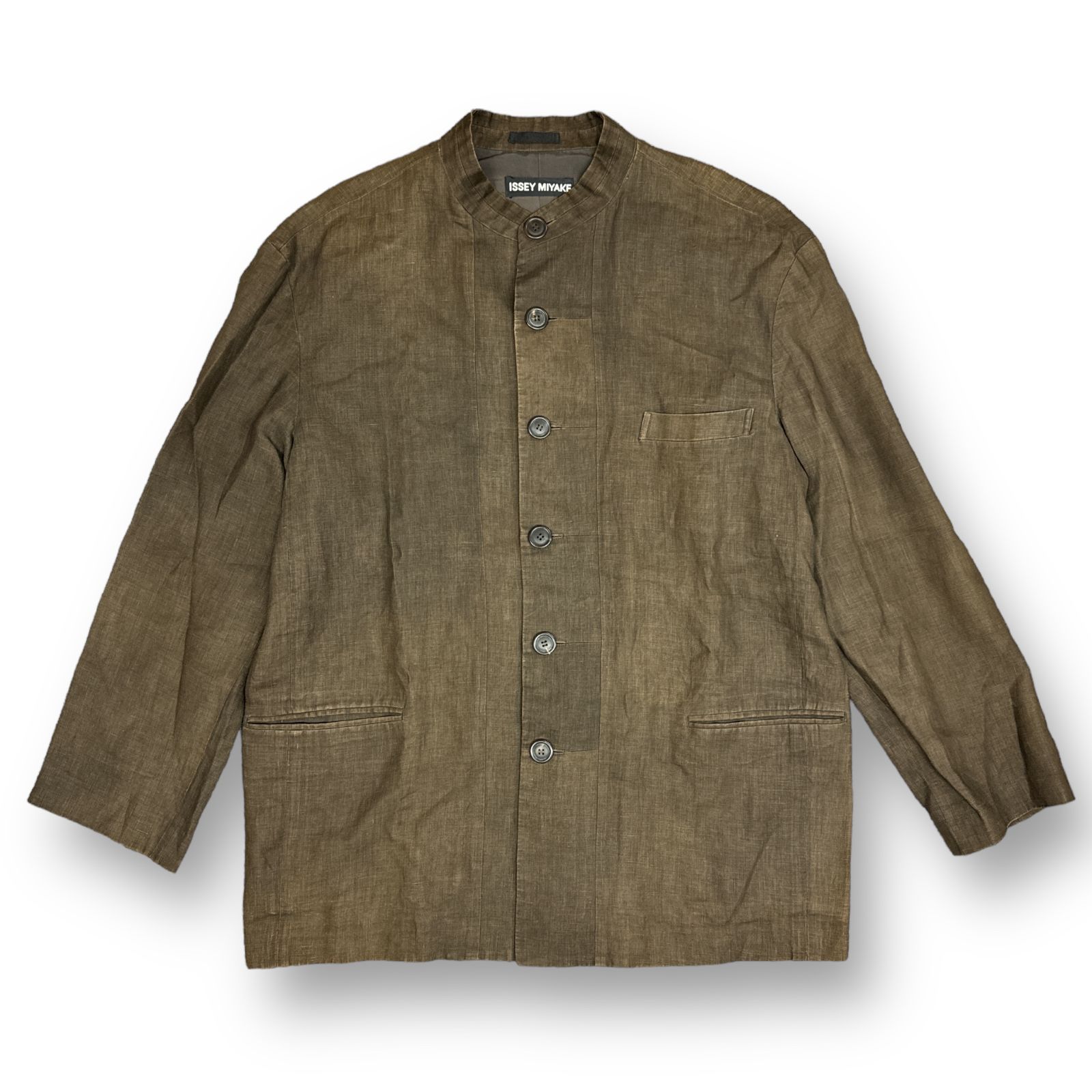 ISSEY MIYAKE 05SS リネンノーカラージャケット シャツジャケット アーカイブ イッセイミヤケ ME51-FD072 ブラウン L 74563A6