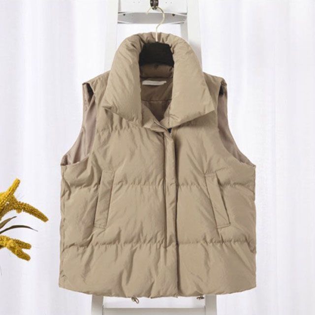 【ふうこ】ダウンベスト　レディースS　キャメル 中綿ベスト レディース ジレ 立ち襟 ダウン風 アウター 秋冬