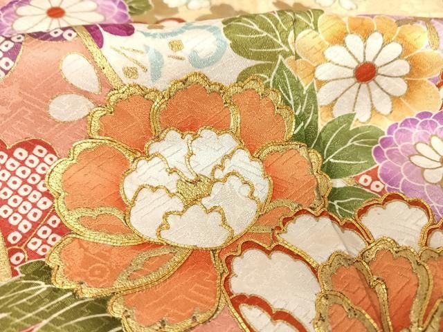 平和屋着物○豪華振袖 駒刺繍 鬘帯草花文 暈し染め 金彩