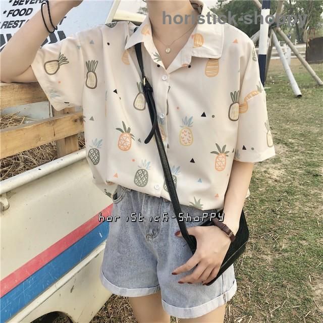 アロハシャツ トップス 柄シャツ レディース シャツブラウス 半袖 パイナップル柄 ブラウス シャツ 五分袖 襟付きシャツ ゆったり 羽織りもLYX今週注目