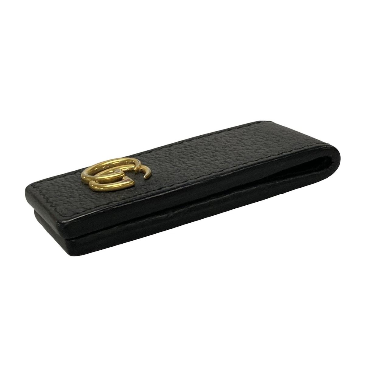 GUCCI　マネークリップ　マーモント　レザー 黒 ゴールドロゴ GUCCI(グッチ) マネークリップ GGマーモント 黒×ゴールド レザー