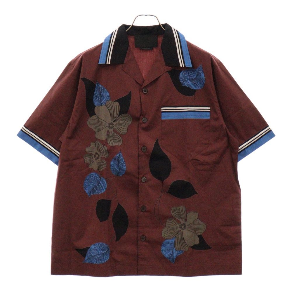 2026，大得価 PRADA (プラダ) 21SS リーフ柄 オープンカラー 半袖 開襟シャツ レッド Tシャツ