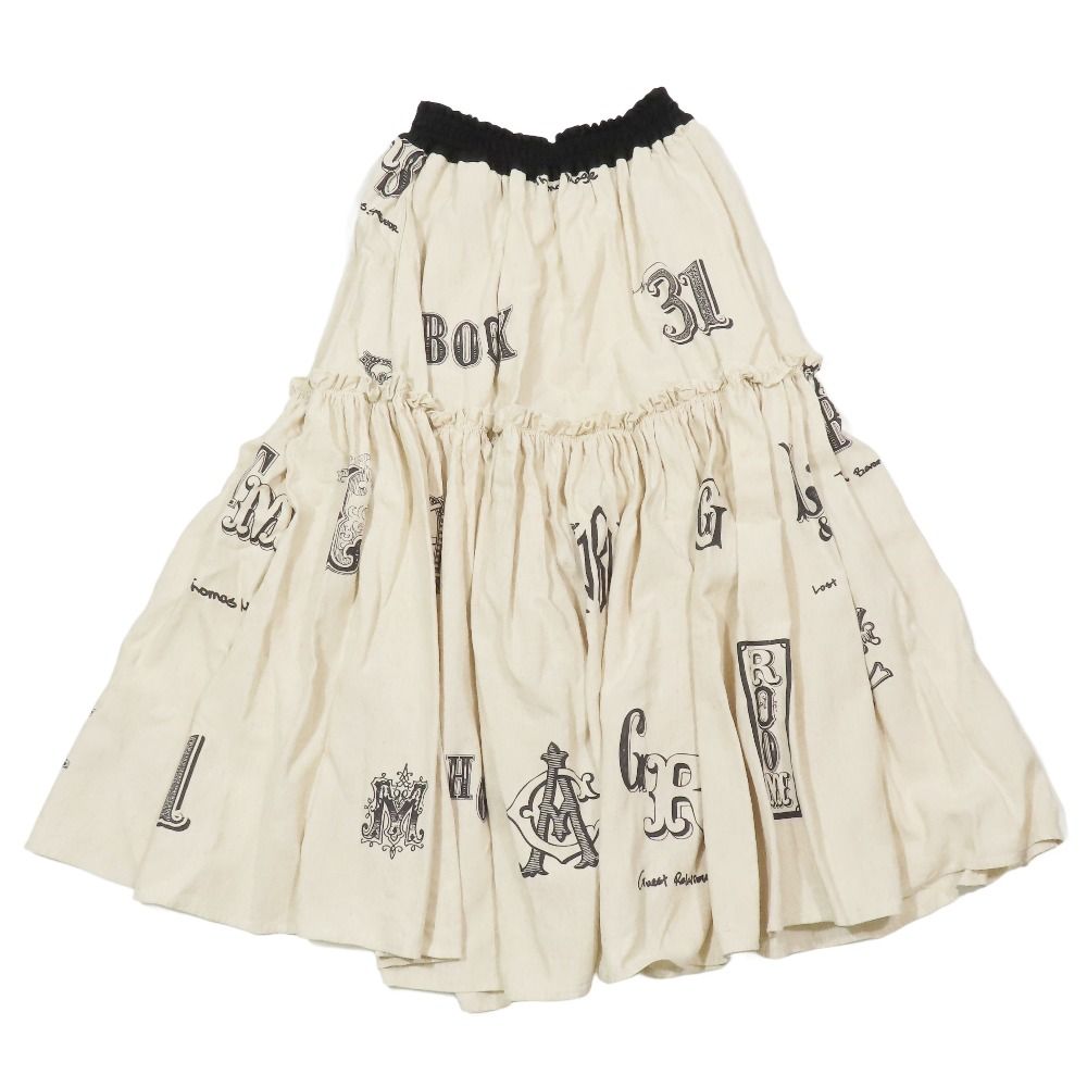 25SS Thomas Magpie トーマスマグパイ Linen PRINT skirt フ スカート ロング ミモレ丈 ゴムウエスト 36 ベージュ 黒 レディース 古着