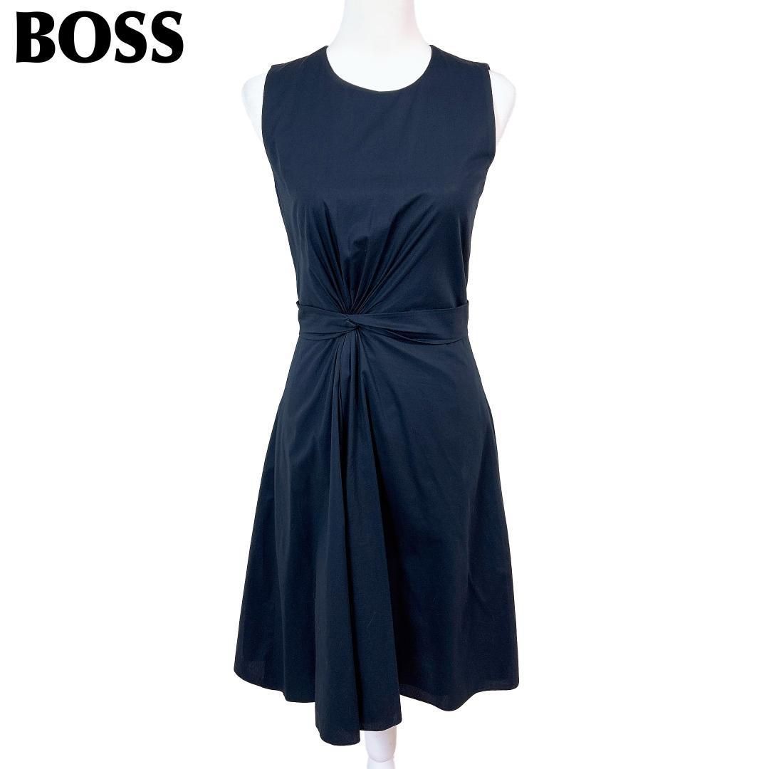 ヒューゴボス ノースリーブワンピース ウエスト絞り UK6 無地 ネイビー