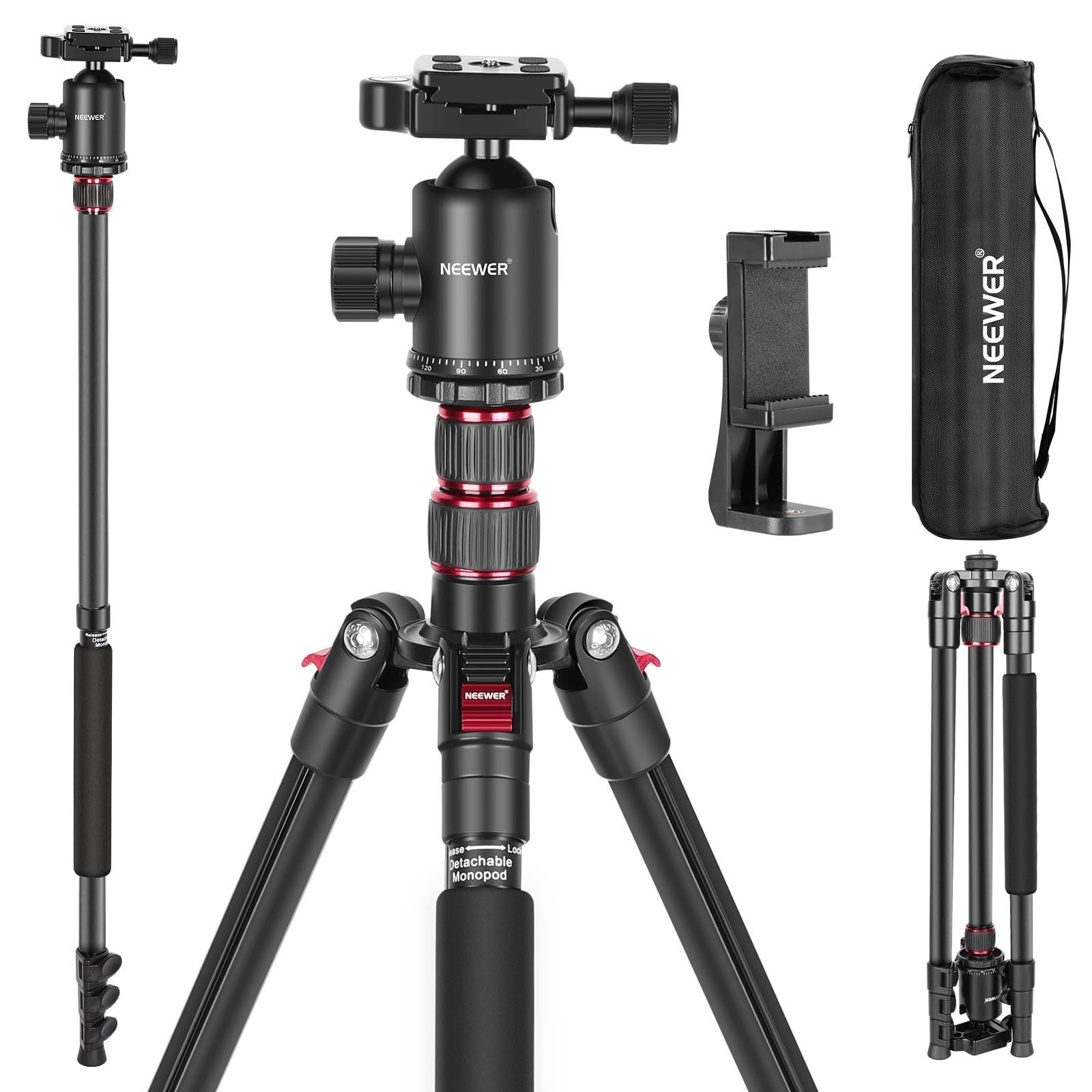 NEEWER 197cm カメラ三脚一脚 折りたたみ式 アルミ製 DSLR|スマホ用 360°パノラマボールヘッド|2軸センターコラム|Arca QRプレート|バッグ付き ポータブル 旅行用三脚 撮影用三脚 最大荷重8kg TP77