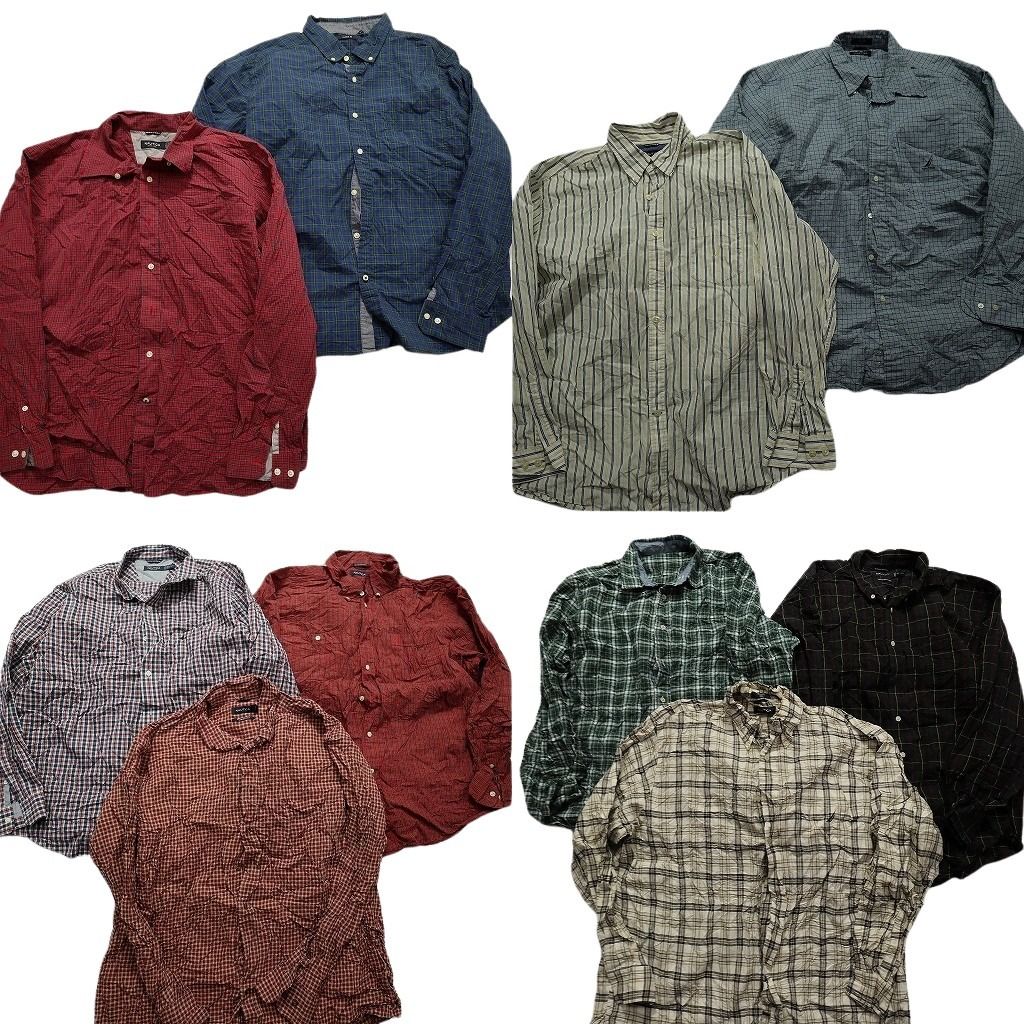 古着卸 まとめ売り ノーティカ 長袖シャツ 10枚セット (メンズ 2XL ) ベージュ 緑 ブラック 赤 チェック マドラス 中古 古着 MX6984