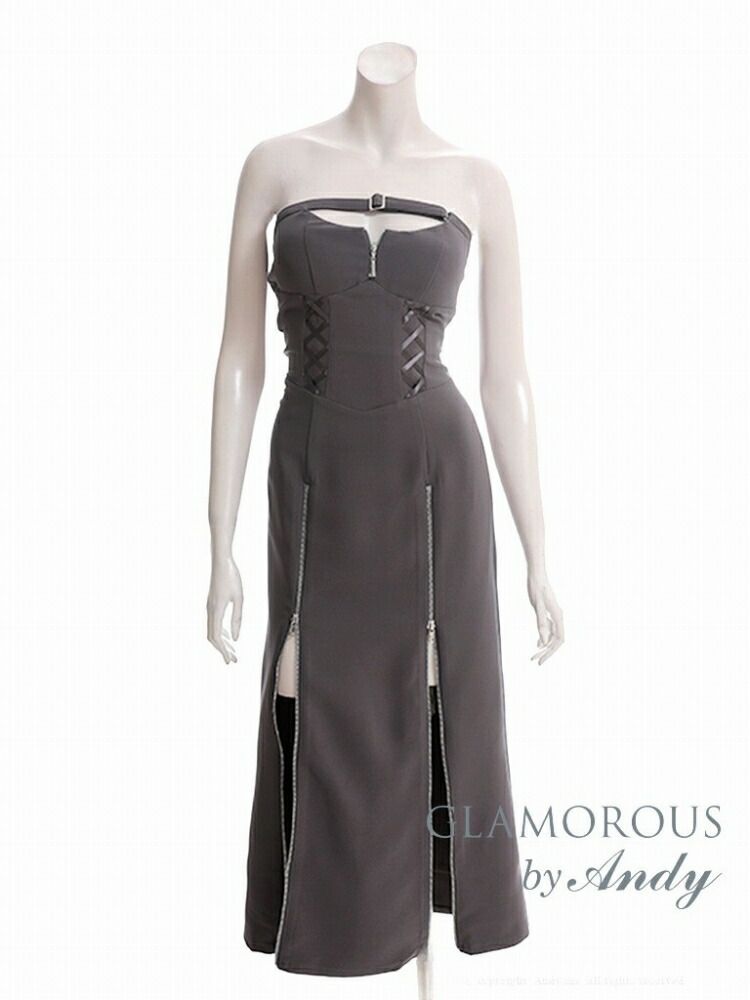Mグレー GMS-V892 GLAMOROUS by Andy グラマラスバイアンディ ストレッチ バストカット ベルト ジッパー 編み上げ リボン ベア 裾ジップ スリット フ ロングドレス キャバドレス ワンピース