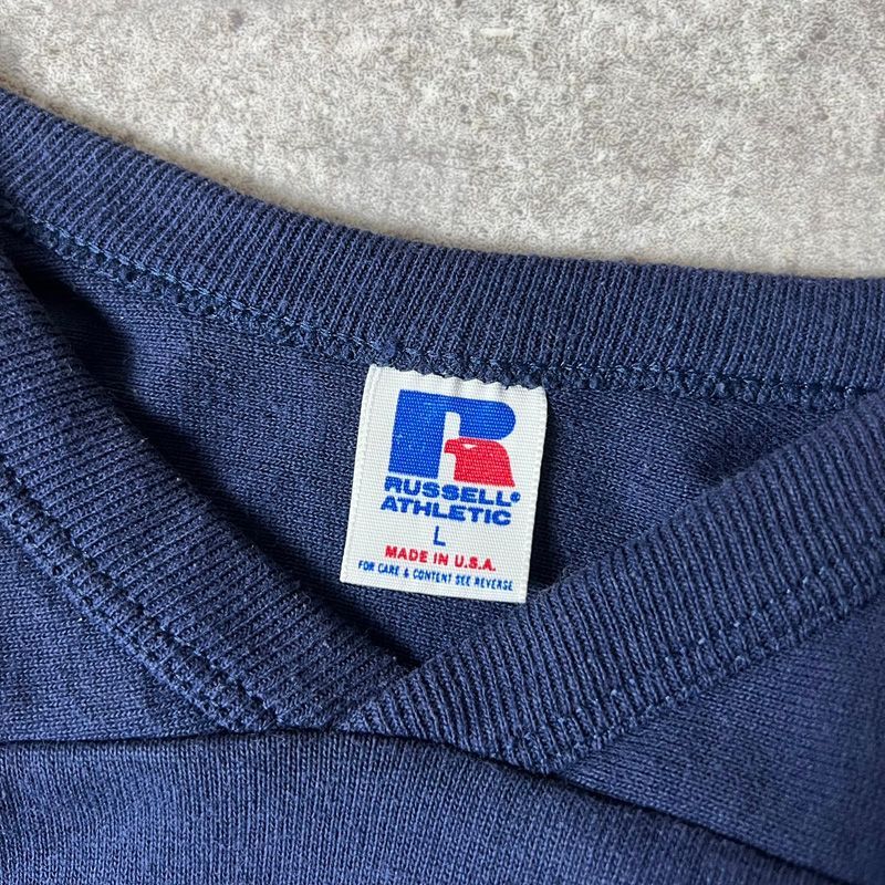 80's ラッセル　フットボールT  ヴィンテージ　ネイビー 80s USA製 RUSSELL 無地 フットボール Tシャツ L / 80年代