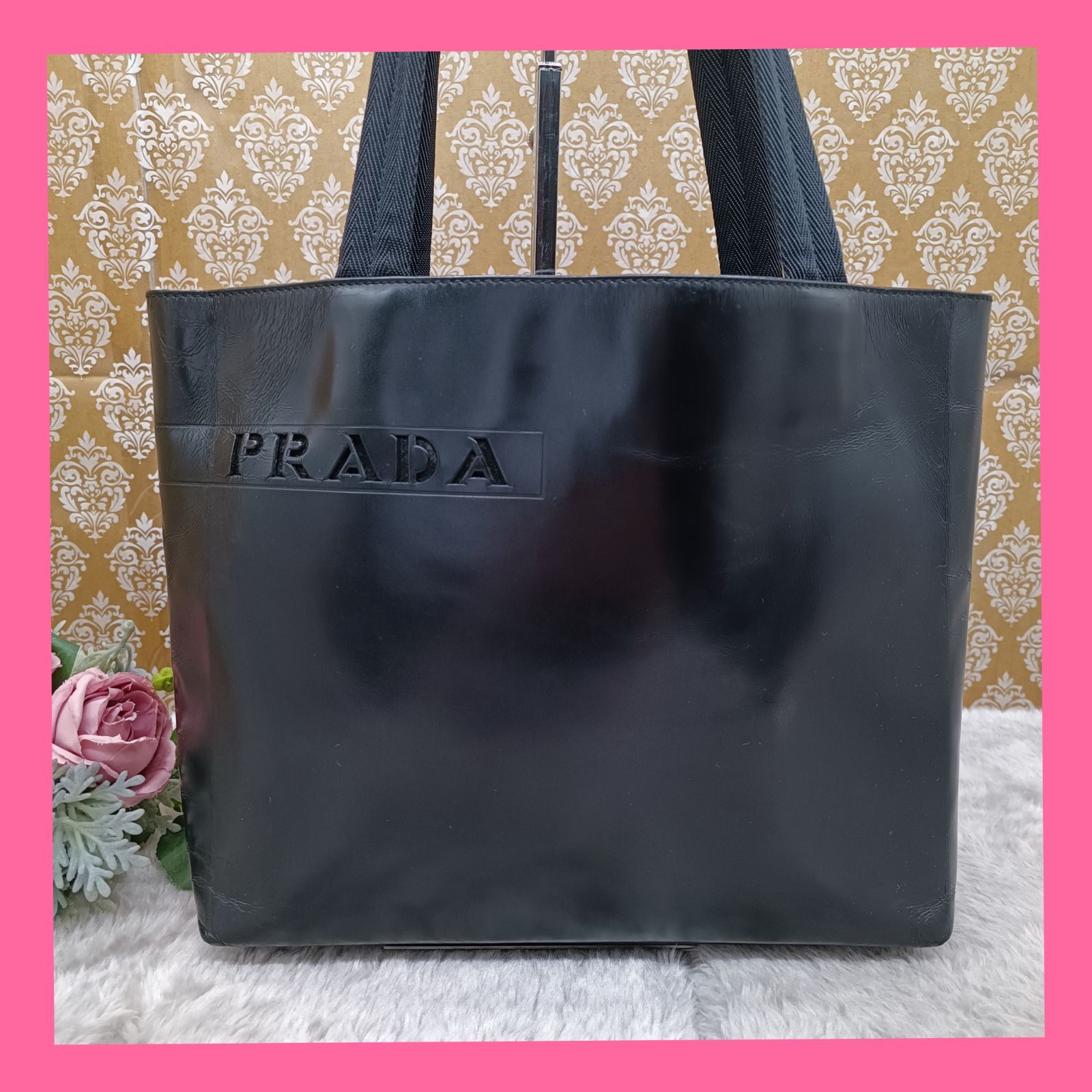 ギャランティ付 PRADA ロゴ型押し パテント レザー トートバッグ