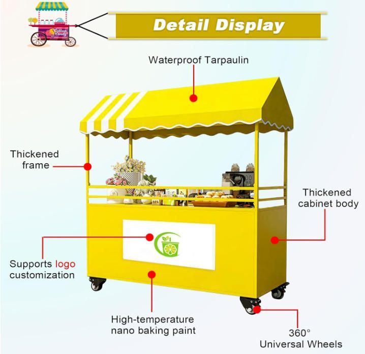ストライプキャノピー付きポータブルモバイルダイニングローリング販売カート