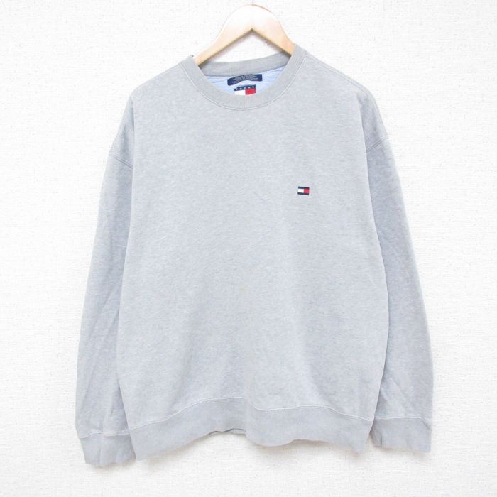 XL/古着 トミーヒルフィガー TOMMY HILFIGER 長袖 ブランド スウェット メンズ 90s ワンポイントロゴ 大きいサイズ クルーネック グレー 霜