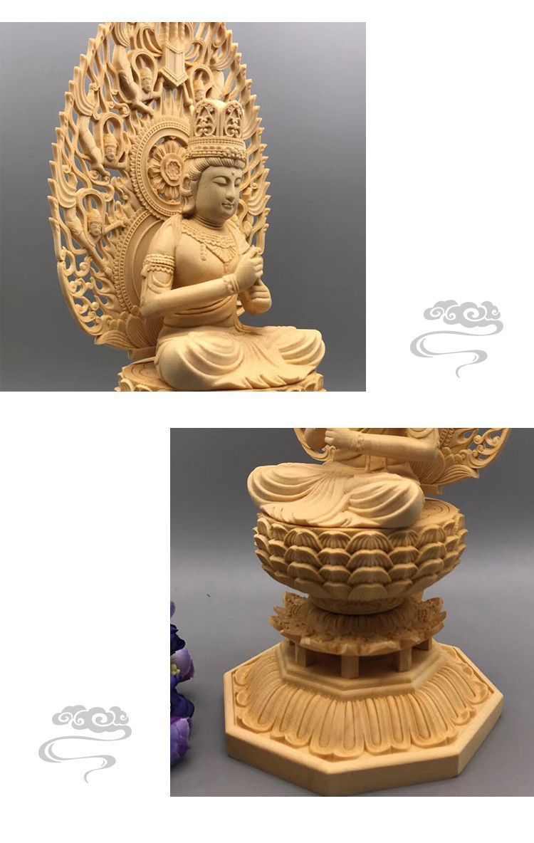 銅製 浮彫り蓮華生大士皿 観音両面大皿 置物 装飾品 工芸品 美術品 大日如来坐像 木彫り ツゲ 12.5cmx12.5cmx28cm 彫刻 仏像 手彫り