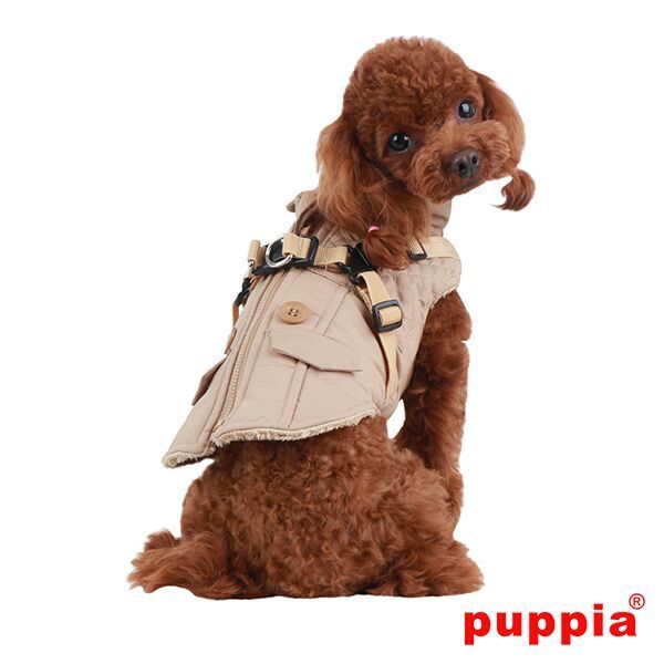 ペット用品 犬 新作犬服 秋冬パピア ハーネス一体型裏起毛コート ベストタイプ (3カラー) ベージュ