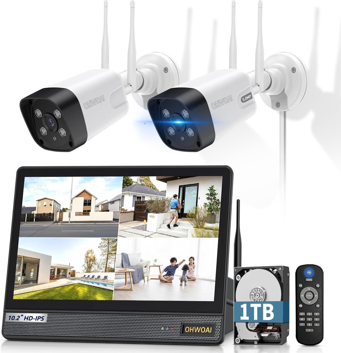 双方向通話 ダブルアンテナ OHWOAI 防犯カメラセット 2台 屋外用 ワイヤレス 広角レンズ 無線接続 家庭用 監視カメラ 10インチ2台500万画素 1TBハードディスク