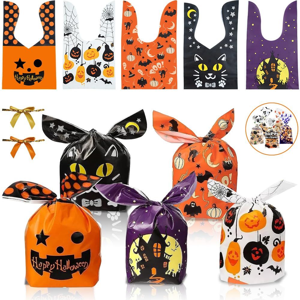 袋 ハロウィン ハロウィン お菓子 小分け袋 プレゼント 袋 うさぎ耳 ギフトバッグ ラッピング キャンディバッグ ハロウィンキャラクター 10柄60枚入り 10本リボン付 ハロウィン ラッピング用品