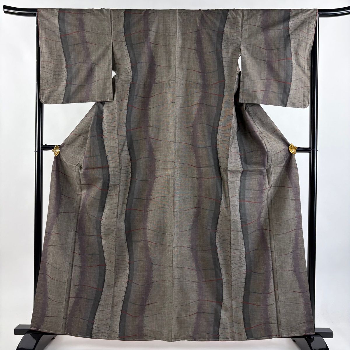 紬 身丈162cm 裄丈65.5cm M 袷 よろけ縞 幾何学模様 茶紫 正絹 秀品