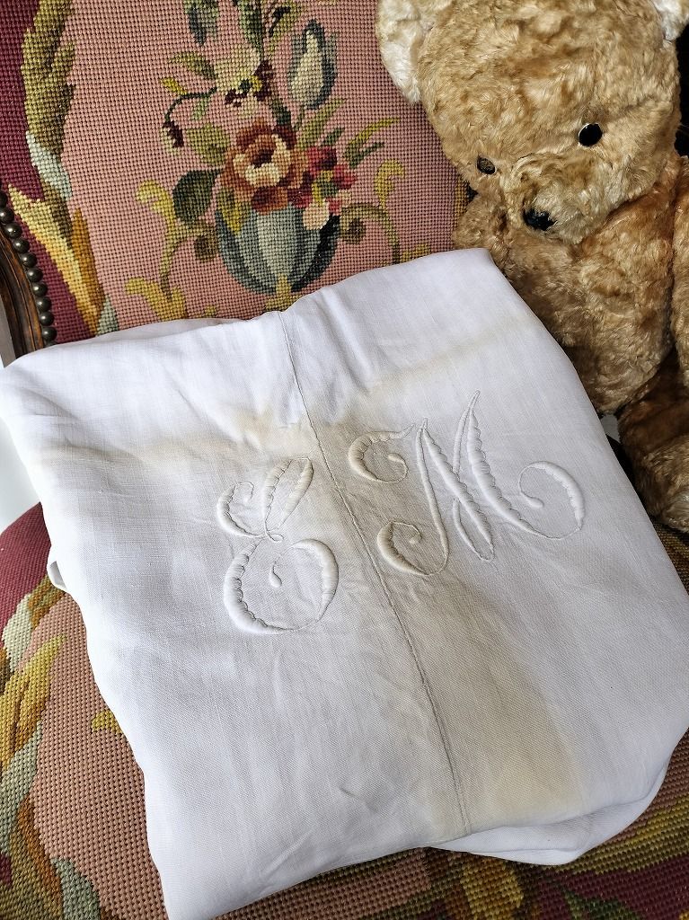 フランス アンティーク リネン 無地 シーツ 白い 刺繍 203 x290cm