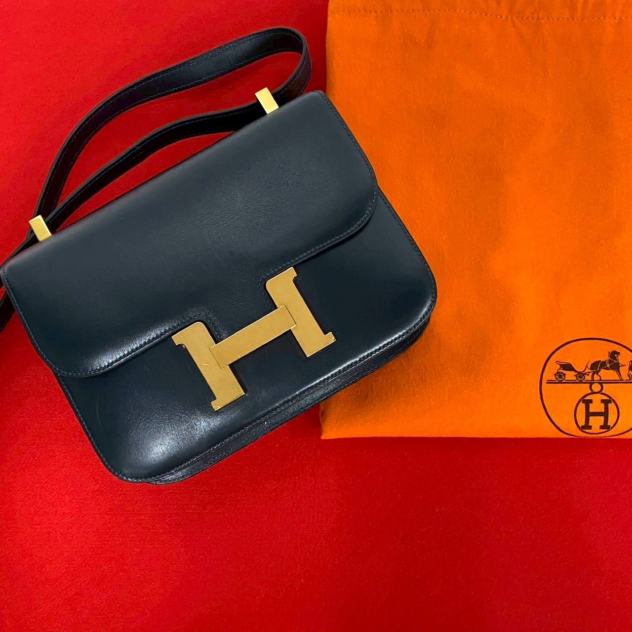 【美品】エルメス ブートニエール ダークネイビー ボックスカーフ ヴィンテージ 美品】エルメス ブートニエール ダークネイビー ボックスカーフ