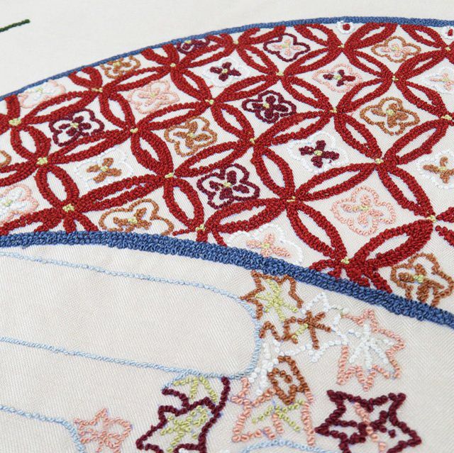 mp137 相良刺繍 正絹 太鼓柄 袋帯 花食い鳥 華紋 中国刺繍 仕立て上り 袋帯 中古 リサイクル 相良刺繍 中国三大刺繍 花の図 七宝 扇面