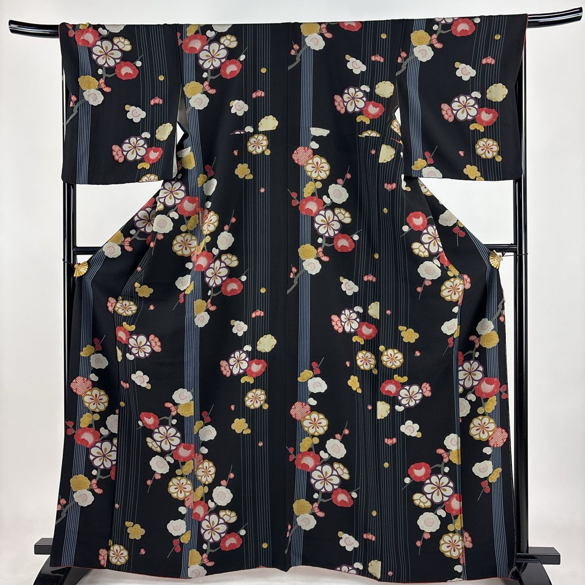 小紋 身丈164cm 裄丈67cm M 袷 枝梅 縦縞 黒 正絹 秀品