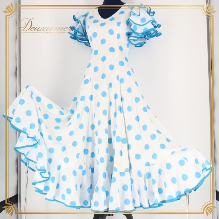 フラメンコ 衣装 ワンピース ドレス 白 水色 ドット 水玉 ボランテ フリル ダンス パーティ 発表会 舞台 ホワイト系 ブルー系 レディース おしゃれ かわいい フェミニン