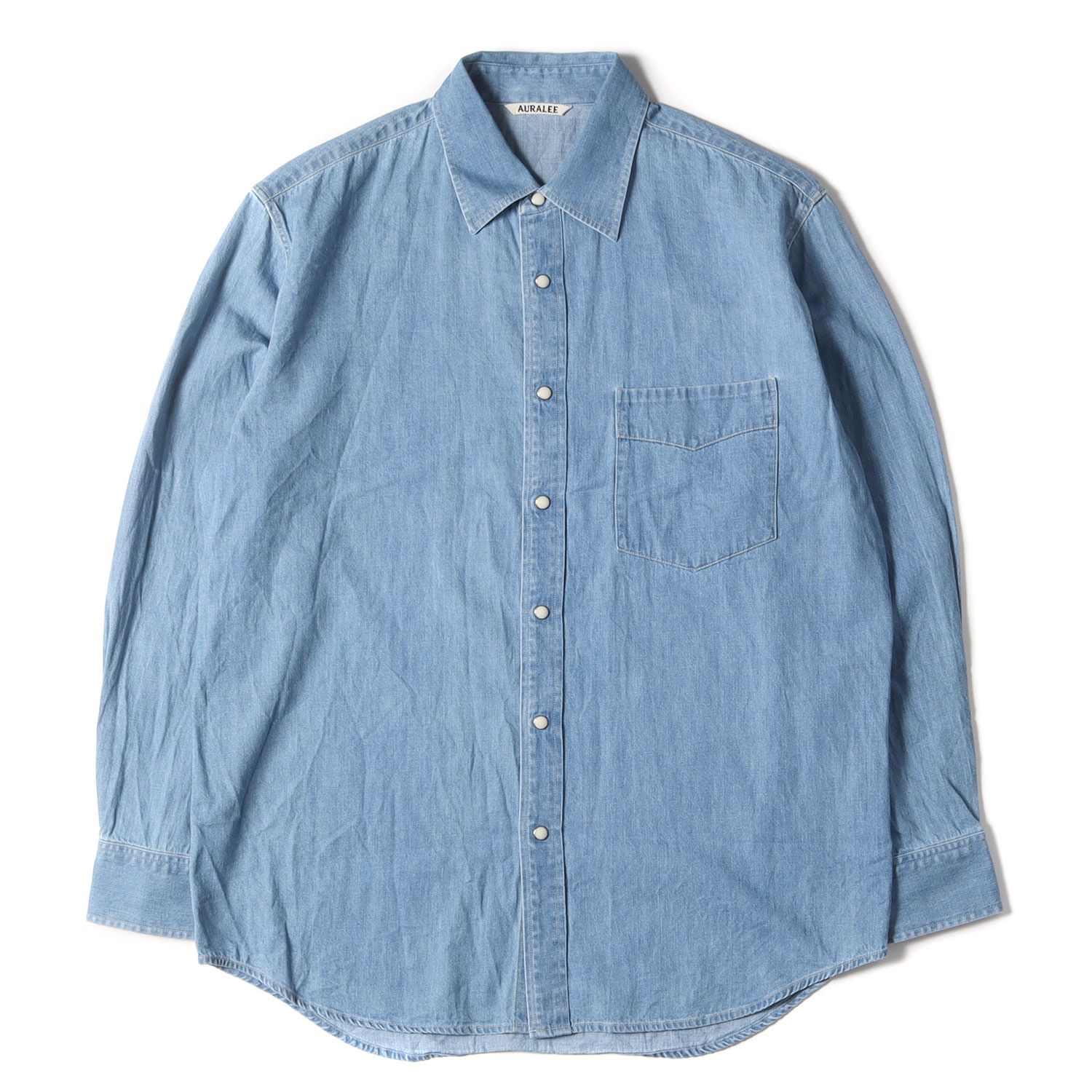 美品 AURALEE オーラリー シャツ サイズ:3 23SS ウォッシュ加工 スーパーライト 長袖 デニムシャツ SELVEDGE SUPER  LIGHT DENIM SHIRT A23SS01GS インディゴ 日本製 トップス カジュアルシャツ