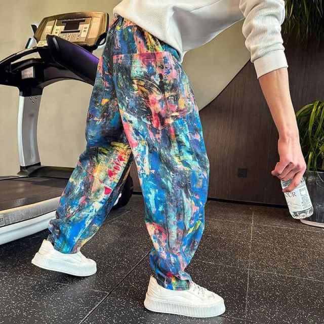 メンズ ファッション 服 男性用 オシャレ シンプル 大人 かっこいい ストリート ウォッシュ加工 ポケット装飾 カジュアル パンツ 春 プリント 水墨画風 ストレート ジーンズ パンツ