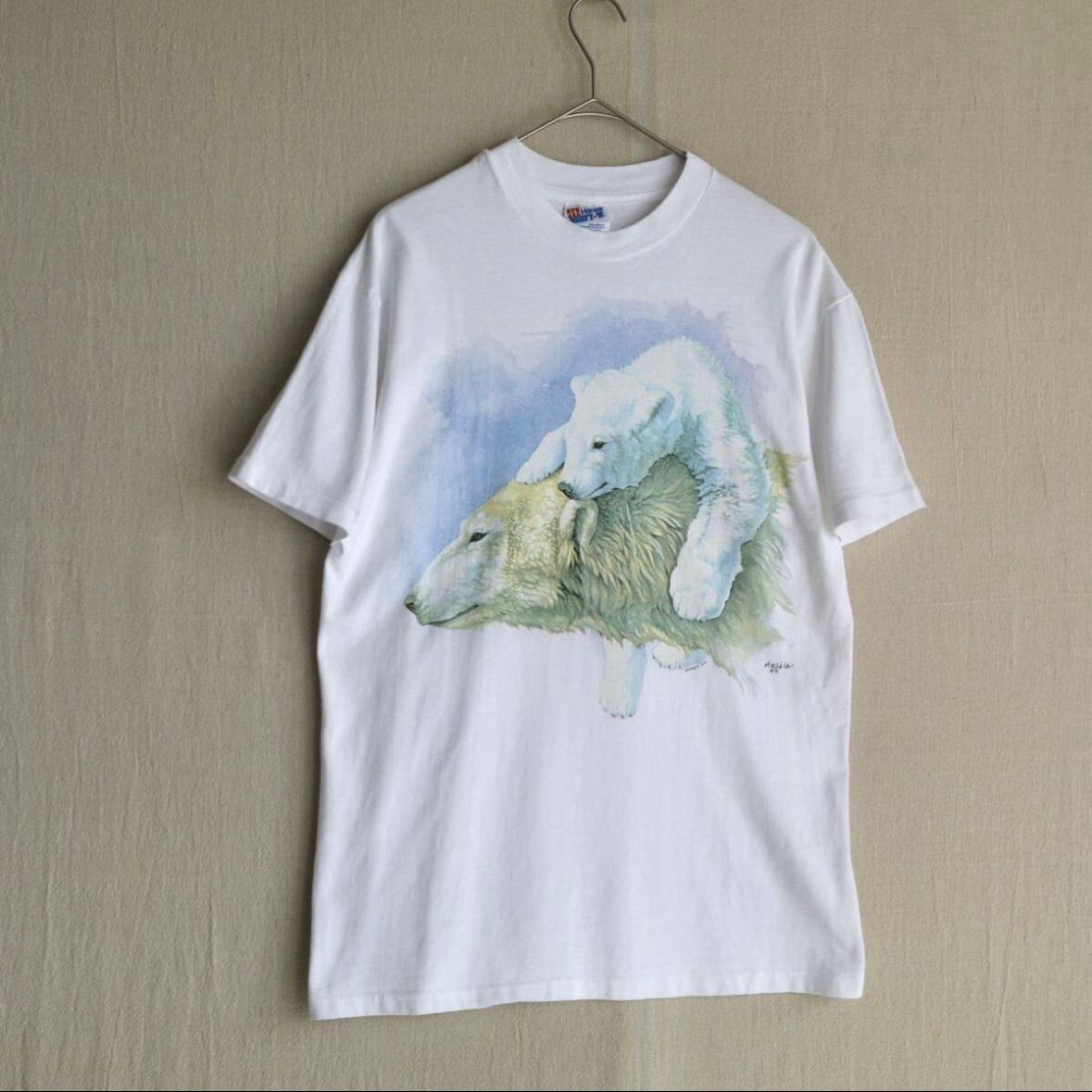 USA製 90s Hanes Tシャツ / M コットン ホワイト プリント イラスト 動物 シロクマ 半袖 ビンテージ T4-04010-9277