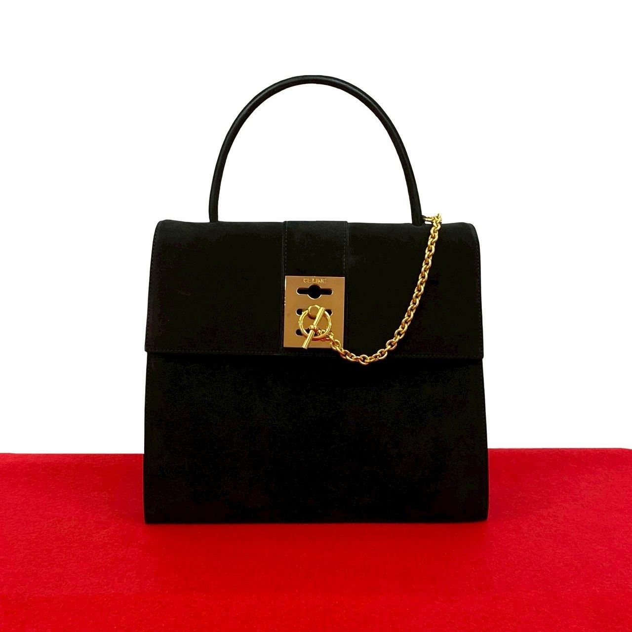 セリーヌ CELINE ハンドバッグ レザー リング金具 ヴィンテージ 黒 CELINE 極 美品 希少品 ヴィンテージ セリーヌ ロゴ リング金具