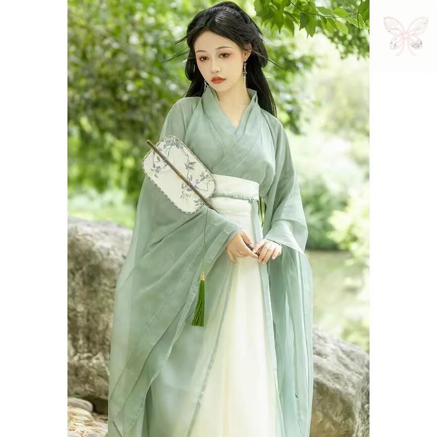 【送料無料】 振袖中華服 唐装漢服 レディース中国魏晉風ワンピース 振袖中華シャツ ロング丈スカート3点セットアップ 仙女古典美人服 チャイナ服 仮装