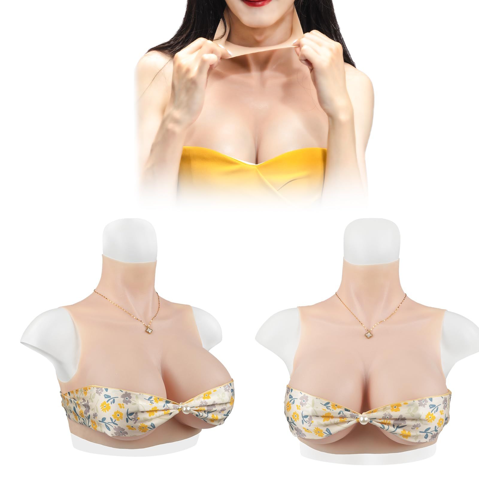 SILI FEELER シリコンバスト 人工乳房 女装バスト 6世代 ハイネック 薄型軽量 偽乳 仮胸 シリコン胸 女装 変装 仮装 ハロウィン コスプレ コスチューム 男の娘 女性になる 漫画胸 リアル 揺れる シリコン充填Eカップ アジア系黄色