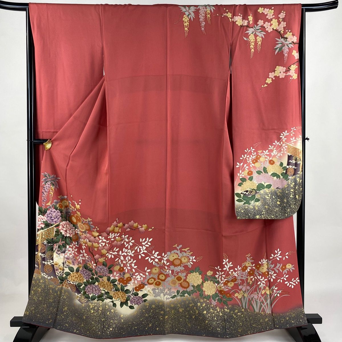 振袖 身丈165cm 裄丈68.5cm L 袷 草花 鶴 金彩 金糸 朱色 正絹 逸品  